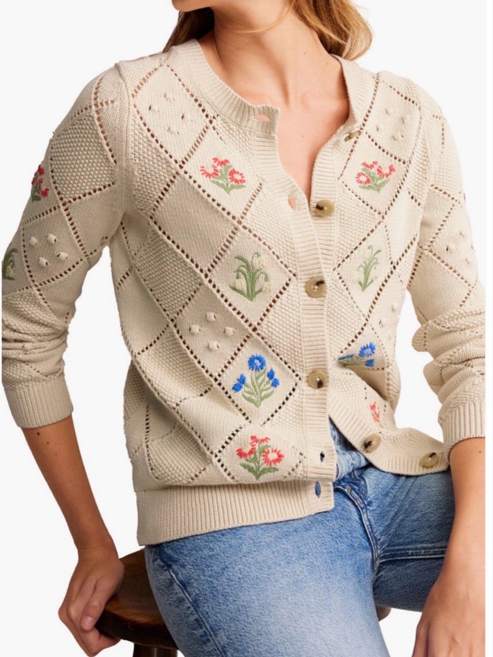 Boden Cream Knit Cardigan with Blue, Pink, and Green Floral Embroidery